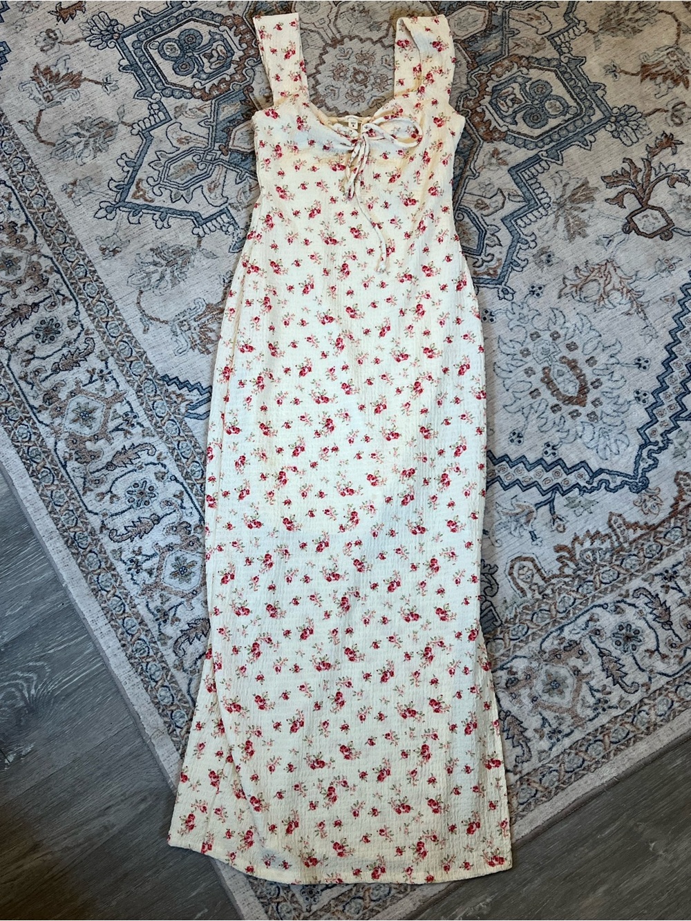 Floral Tie-Front Fitted Dress in Cream with Pink Roses